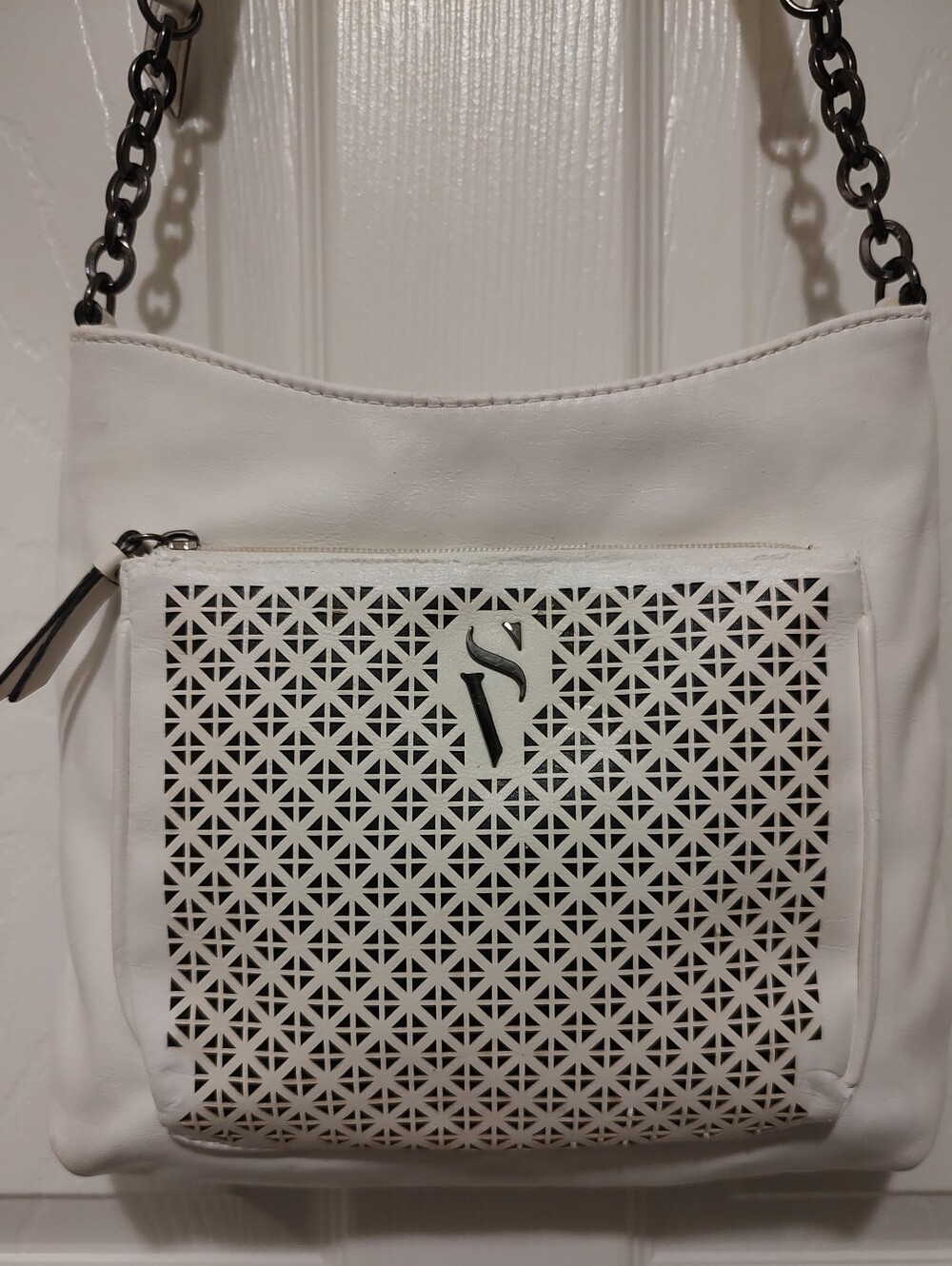 White Laser-Cut Shoulder Bag with Dark Chain Strap